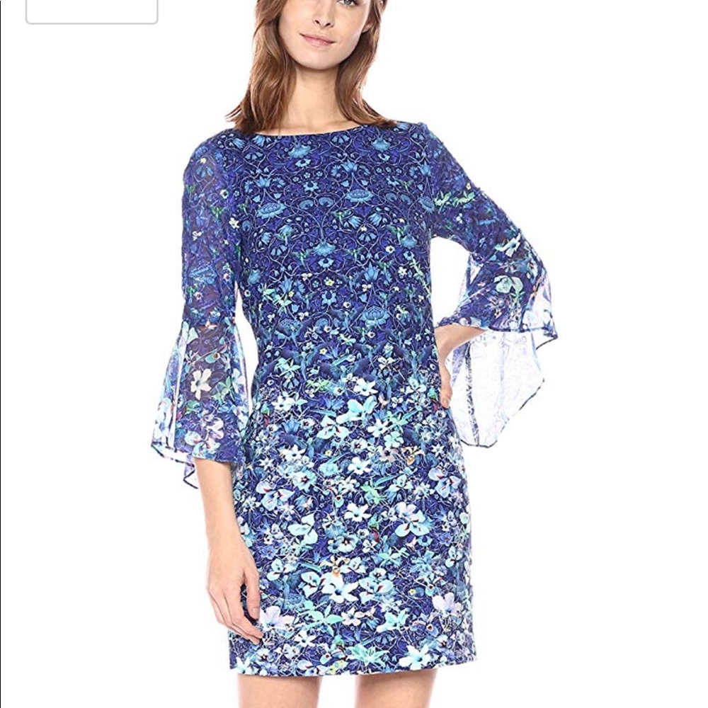T Tahari Floral Blue Flow Dress with Bell Sleeves